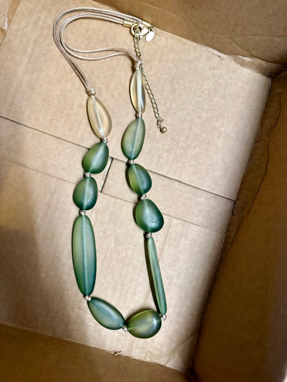 Chico's Matte Olive and Light Gold Beaded Necklace